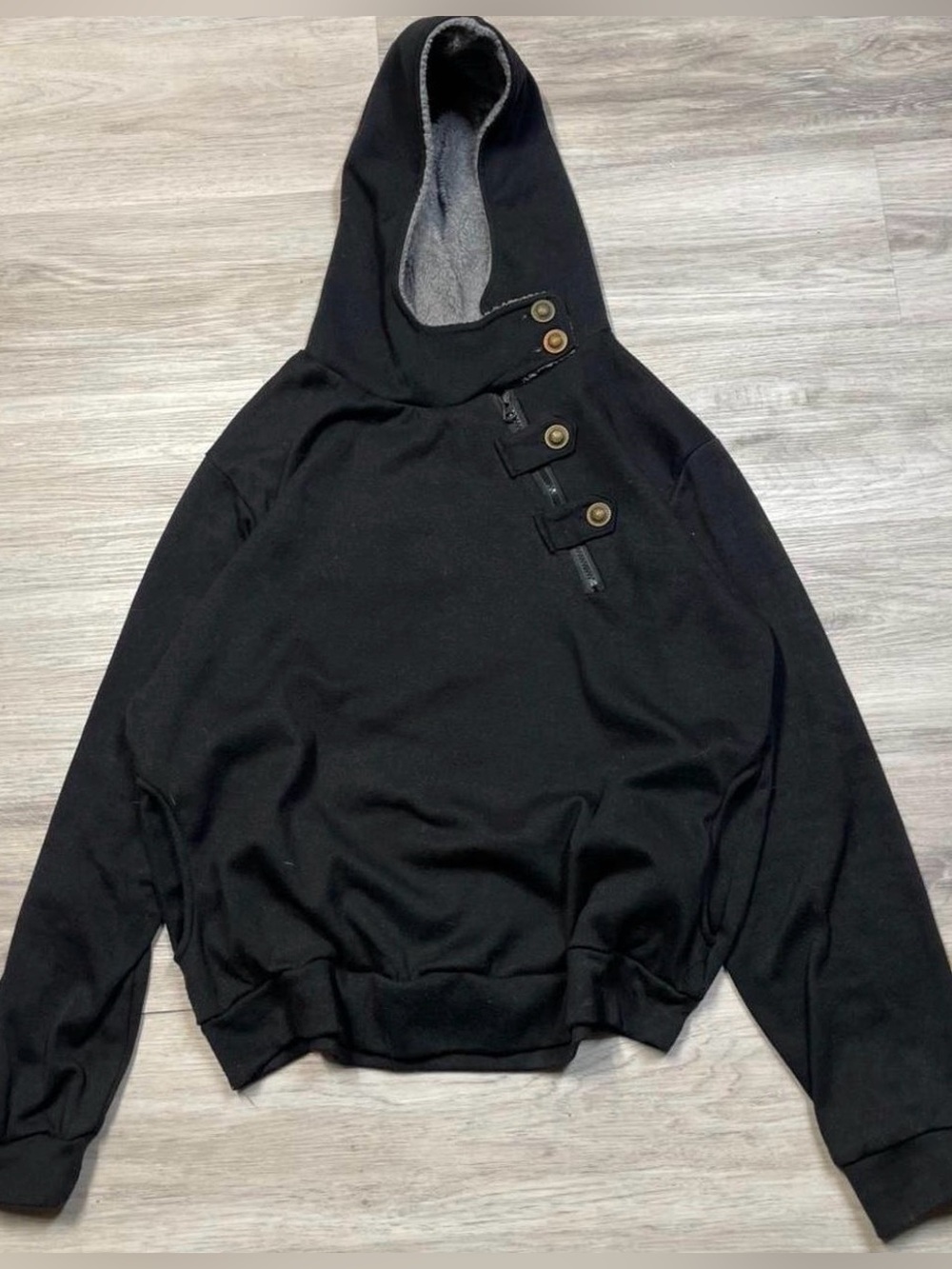 Black Hooded Pullover Sweatshirt with Button Detail